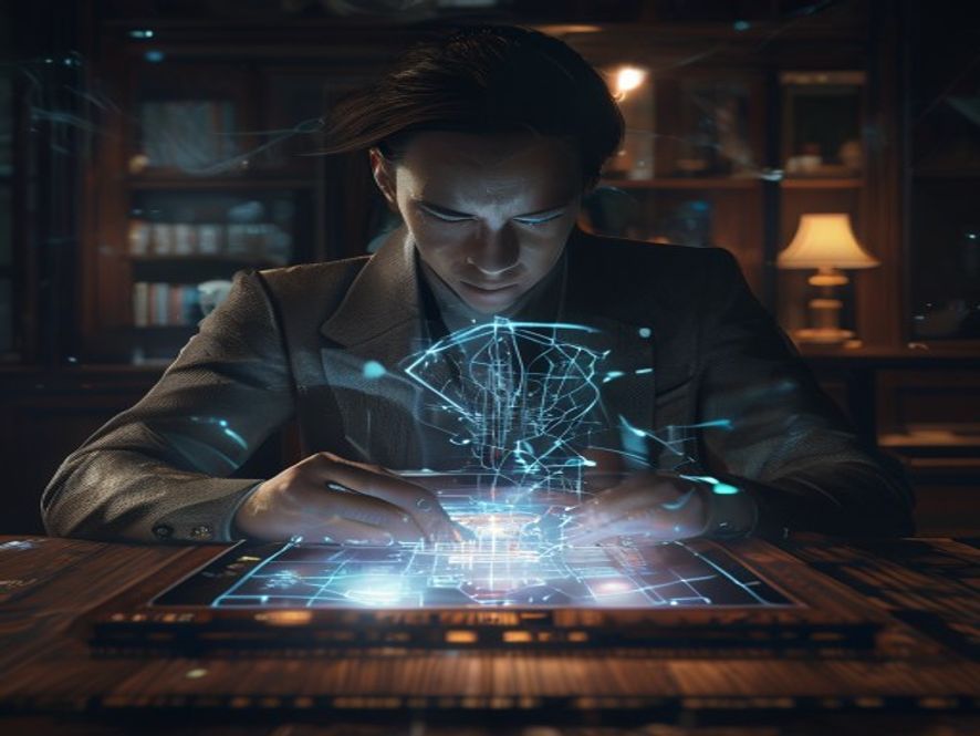 A cinematic, photorealistic 8k image of a focused professional Go player sitting at a traditional wooden board, staring intensely at a glowing, ethereal holographic neural network visualization representing the defeated AI, capturing the profound contrast between human intuition and cold digital calculation in a dim, atmospheric room.