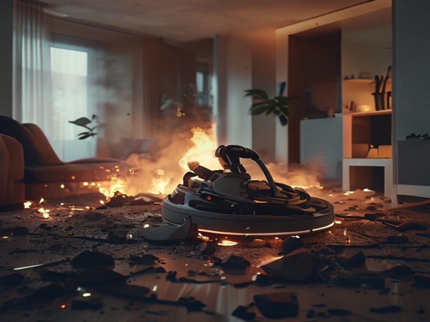 A cinematic and photorealistic 8k image showing a charred, damaged robot vacuum cleaner amidst the debris of a modern apartment interior, with a soft, ominous glow of smoldering embers in the background, conveying a cautionary atmosphere about home appliance safety.