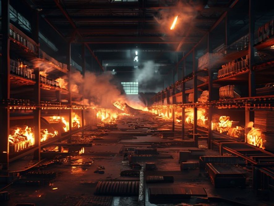 A cinematic, photorealistic 8k image showing a massive, smoldering warehouse interior filled with charred logistics racks and glowing remnants of lithium batteries, emphasizing a dark, tense atmosphere of industrial fire hazards, with dramatic embers and thick smoke filling the air.