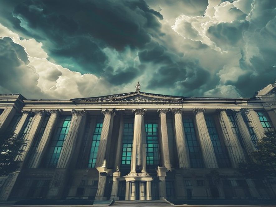 A cinematic and photorealistic 8k image featuring the majestic and imposing exterior of a Seoul courthouse under a dramatic, cloudy sky, symbolizing a pivotal moment of judicial decisionmaking with a sharp focus on the scales of justice placed in the foreground, creating a tense and serious atmosphere of political accountability.