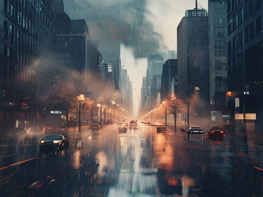 A photorealistic cinematic wide shot of a bustling urban street during a dramatic weather shift, showing heavy pouring rain transitioning into intense rising steam and heat haze, with a blurred cityscape in the background, 8k resolution, high contrast, atmospheric lighting.
