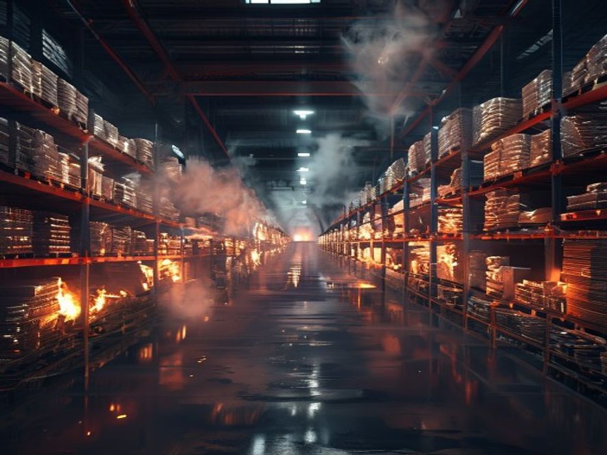 A cinematic, photorealistic 8k image showing a massive, dimly lit warehouse interior filled with towering stacks of merchandise, with dramatic smoke swirling through the aisles and glowing embers reflecting the persistent danger of structural fire hazards, capturing a somber and tense atmosphere.
