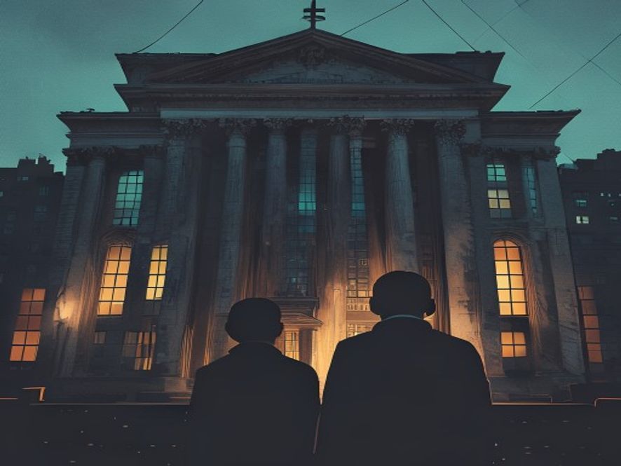 A cinematic and photorealistic 8k portrait of a somber Seoul cityscape at twilight, featuring a blurred silhouette of a politician standing before the imposing, weathered stone facade of a courthouse, symbolizing legal uncertainty and political tension, with dramatic lighting and a moody, highstakes atmosphere.