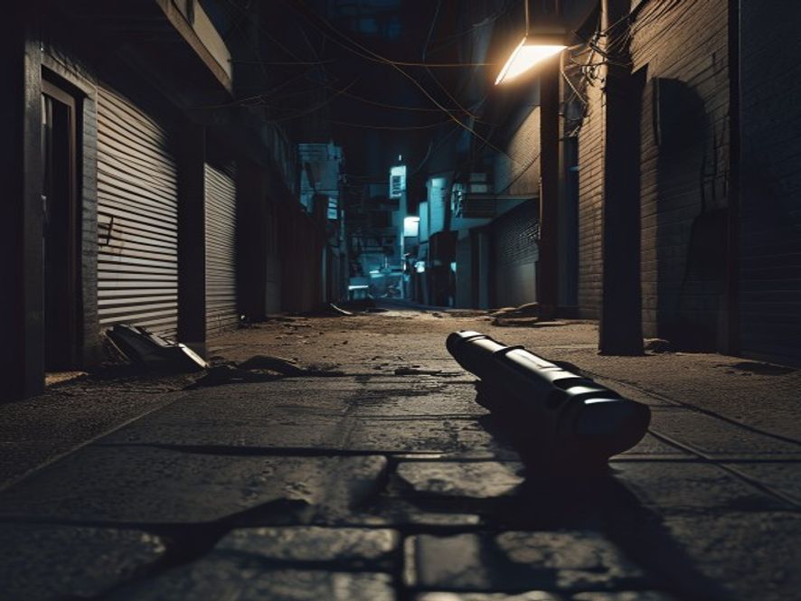 A cinematic and photorealistic 8k shot of a tense, dimly lit urban residential alleyway in Busan, featuring the silhouette of a menacing power nail gun abandoned on the asphalt, with dramatic shadows and a chilling atmosphere evoking the fragility of daily safety, high contrast, detailed textures.