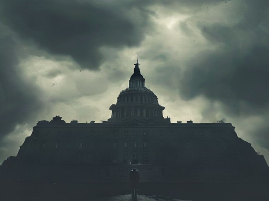 A cinematic, photorealistic 8k image of a blurred, imposing government building silhouette under a heavy, overcast sky, representing political tension and unanswered questions, with a solitary, enigmatic figure standing in the shadows, emphasizing an atmosphere of mystery and public accountability.