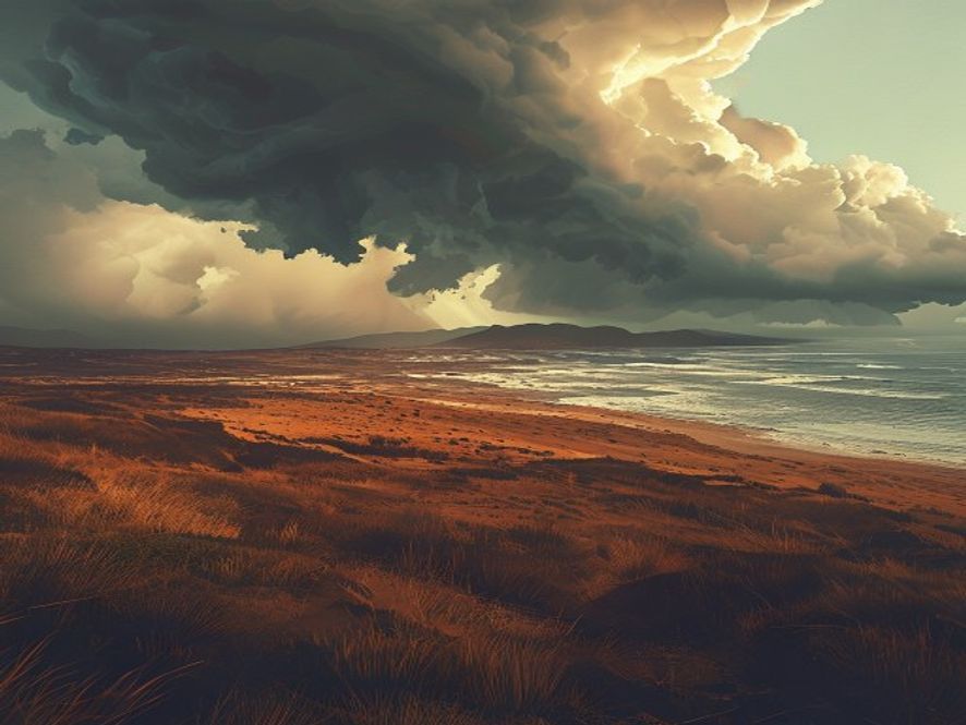 A hyperrealistic cinematic shot of a scorching, sundrenched Jeju island landscape with shimmering heat haze rising from the ground, contrasted by ominous dark storm clouds gathering in the distance, capturing the intense humidity and volatile summer weather, 8k resolution, highly detailed.