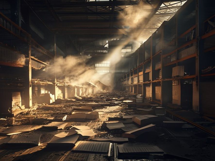 A cinematic, photorealistic 8k image of the charred, desolate interior of a massive logistics warehouse after a severe fire, with sunlight streaming through smokefilled debris and dark silhouettes of legal documents scattered on the floor, symbolizing a complex insurance battle and corporate responsibility, dramatic lighting, moody atmosphere.