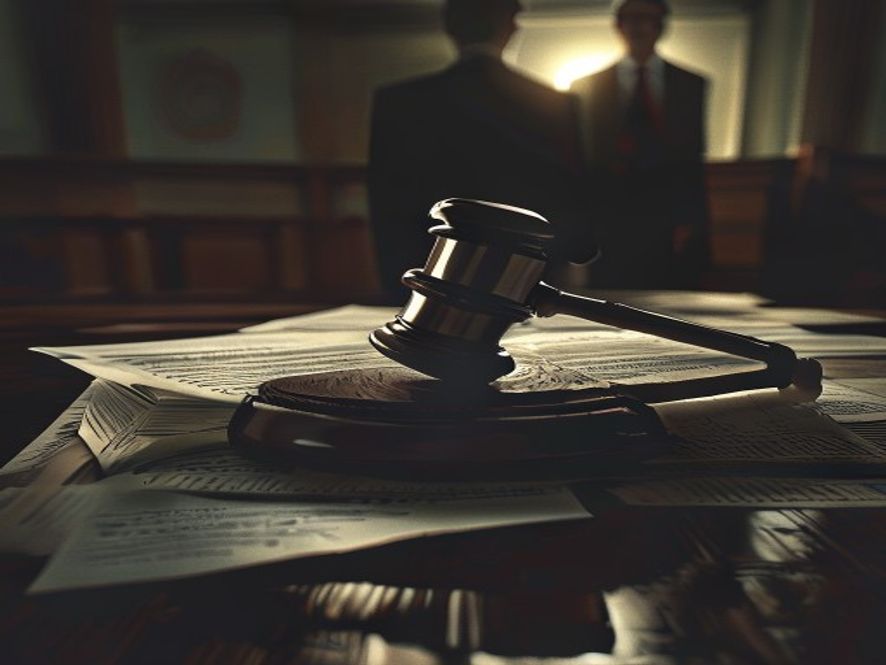 A cinematic and photorealistic 8k image of a weathered gavel resting on a stack of manipulated election survey papers, with a blurred silhouette of a politician standing in the dark, tense shadows of a courtroom, symbolizing the heavy weight of political corruption and the collapse of democratic transparency.