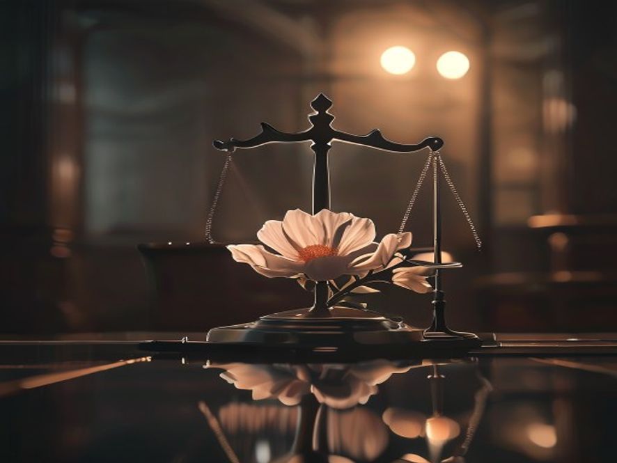A cinematic, photorealistic 8k image featuring a reflective scale of justice balanced between abstract silhouettes of a medical stethoscope and a delicate blooming flower, set against a somber, dimly lit courtroom backdrop with soft dramatic lighting to convey a heavy sense of ethical contemplation and legal complexity.