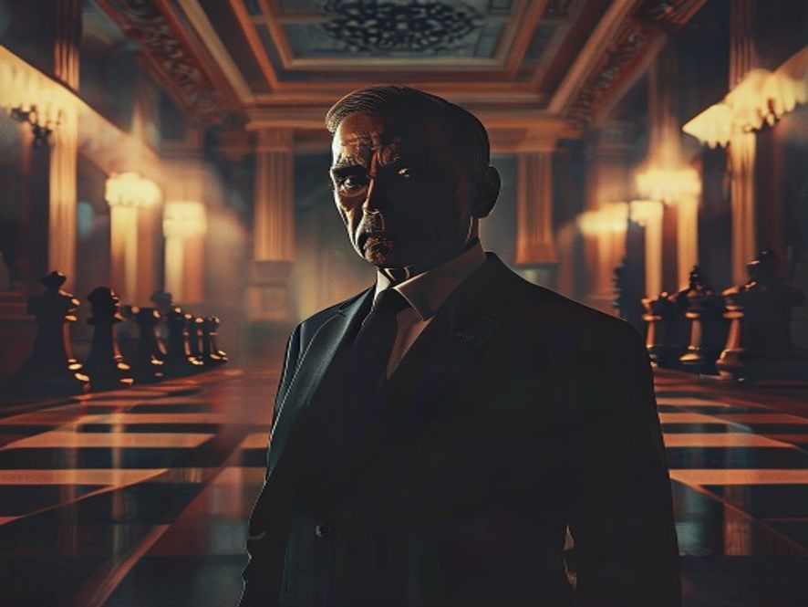 A cinematic and photorealistic 8k portrait of a determined political leader standing in a grand, dimly lit modern government hall with blurred silhouettes of chess pieces on a table, symbolizing a shifting power dynamic and the emergence of new leadership, high contrast, professional lighting, intense atmosphere.