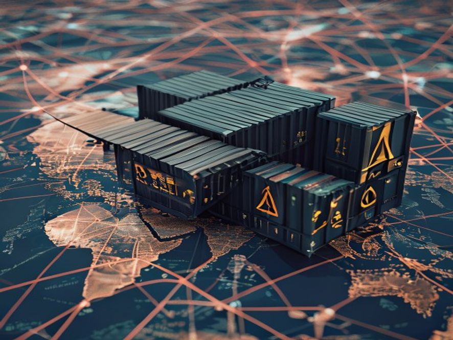 Cinematic, photorealistic 8k image featuring a massive, heavy iron shipping container marked with a warning symbol, resting on a global map composed of complex digital supply chain networks, symbolizing the heavy burden of 12.5 trade tariffs and the urgent need for ethical human rights compliance in global manufacturing.