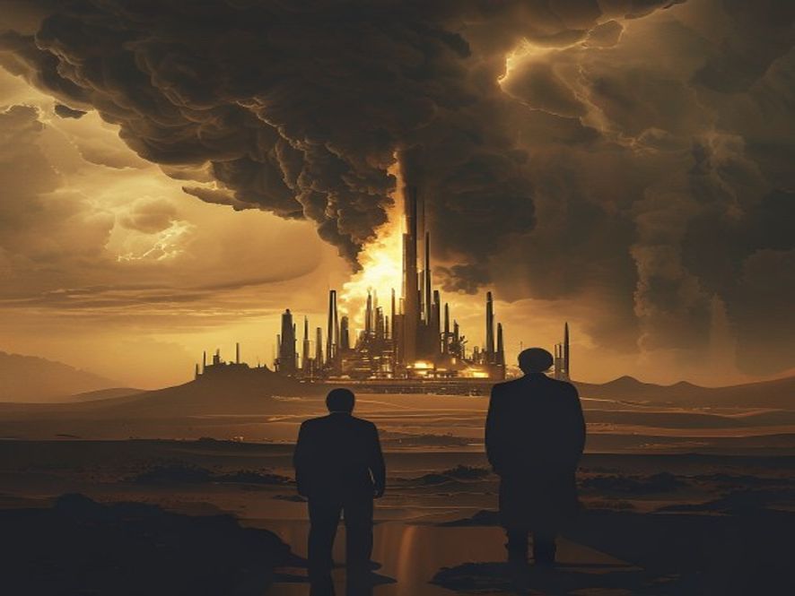 A cinematic, photorealistic 8k image depicting a shadowy silhouette of Donald Trump overseeing a glowing, futuristic nuclear reactor complex rising from the Saudi Arabian desert sands, with ominous storm clouds gathering in the horizon and golden light illuminating the geopolitical tension, highly detailed atmosphere.
