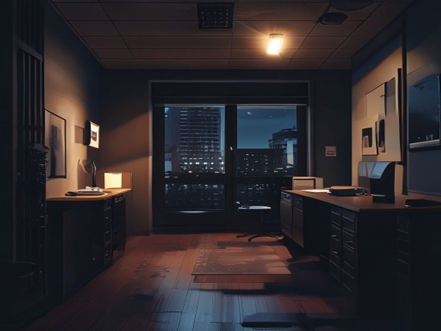 A cinematic and photorealistic 8k image showing a dimly lit, somber apartment complex management office with flickering emergency lights, focusing on a sense of tragedy and the urgent need for security, captured in a melancholic and dramatic atmosphere.