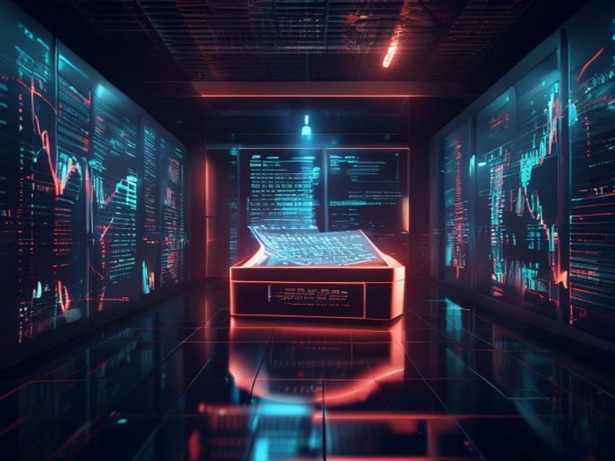 A cinematic, photorealistic 8k image of a glowing digital ballot box in a dimly lit, hightech server room with fragmented data streams and flickering electoral charts in the background, symbolizing the crumbling trust and integrity of the democratic voting system, dramatic shadows, moody atmosphere.