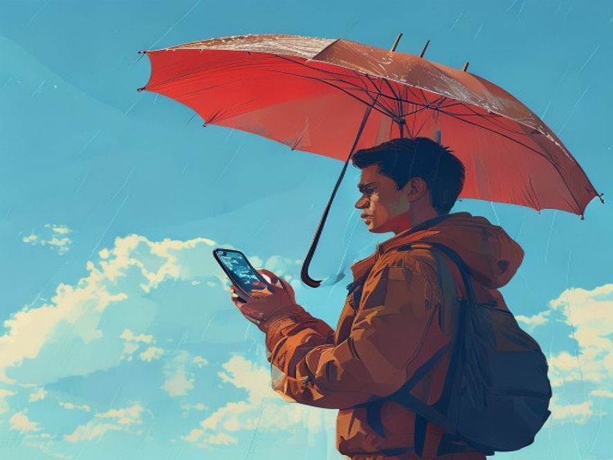 A cinematic, photorealistic 8k image of a frustrated citizen holding an umbrella under a bright, clear blue sky while looking at a smartphone screen displaying uncertain weather data, capturing the contrast between predicted rain and reality, with a dramatic and contemplative atmosphere.