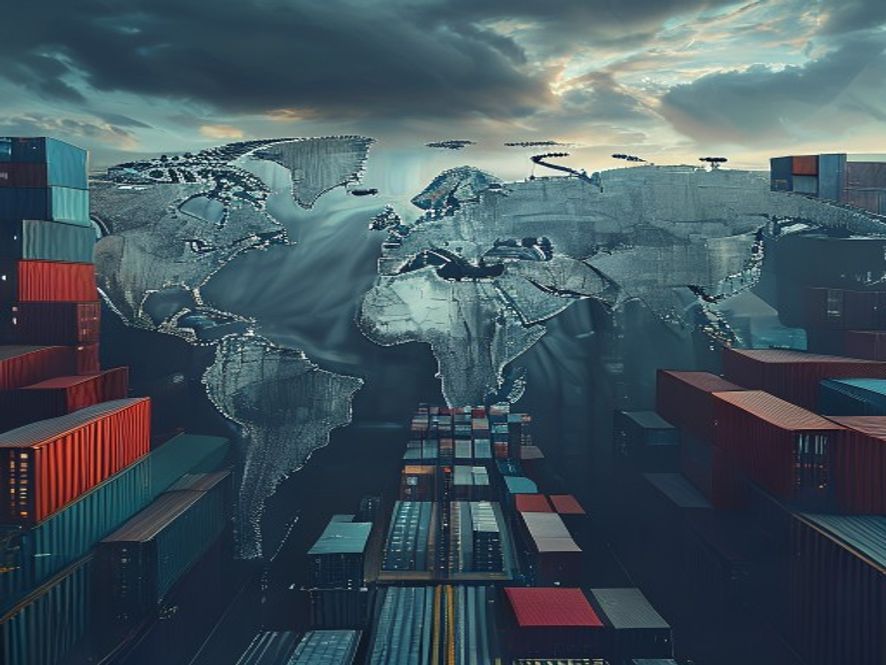 Cinematic, photorealistic 8k image of a colossal, imposing steel wall dividing a global trade map and stylized shipping containers, symbolizing the tension of US protectionist trade barriers and economic uncertainty, dramatic lighting with a cold industrial atmosphere.
