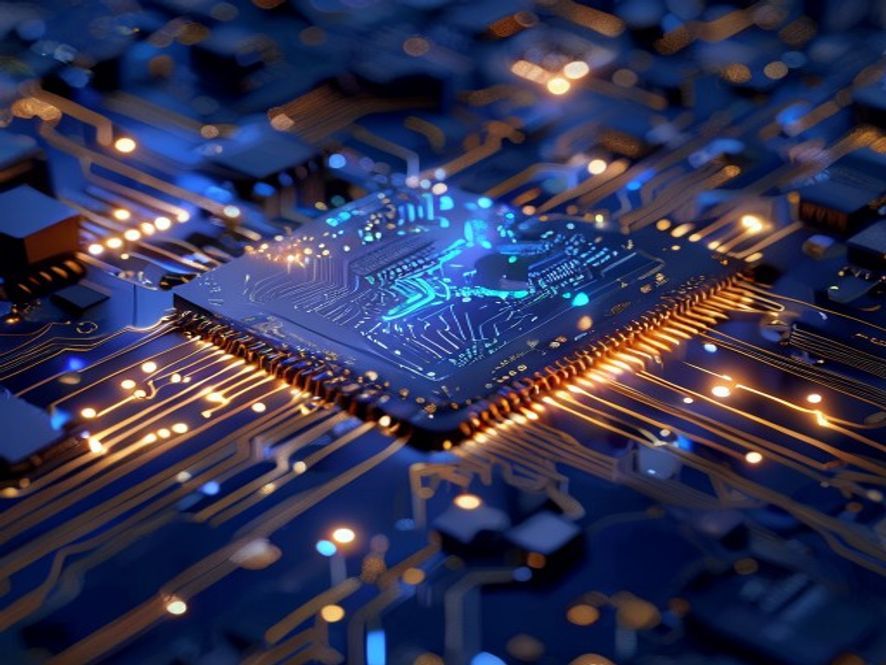 Cinematic, photorealistic 8k closeup shot of a futuristic hightech semiconductor wafer glowing with intricate circuitry, symbolizing a powerful strategic alliance between Samsungs advanced memory technology and Broadcoms AI processor design, set against a sleek, professional corporate atmosphere with deep blue and gold lighting accents.