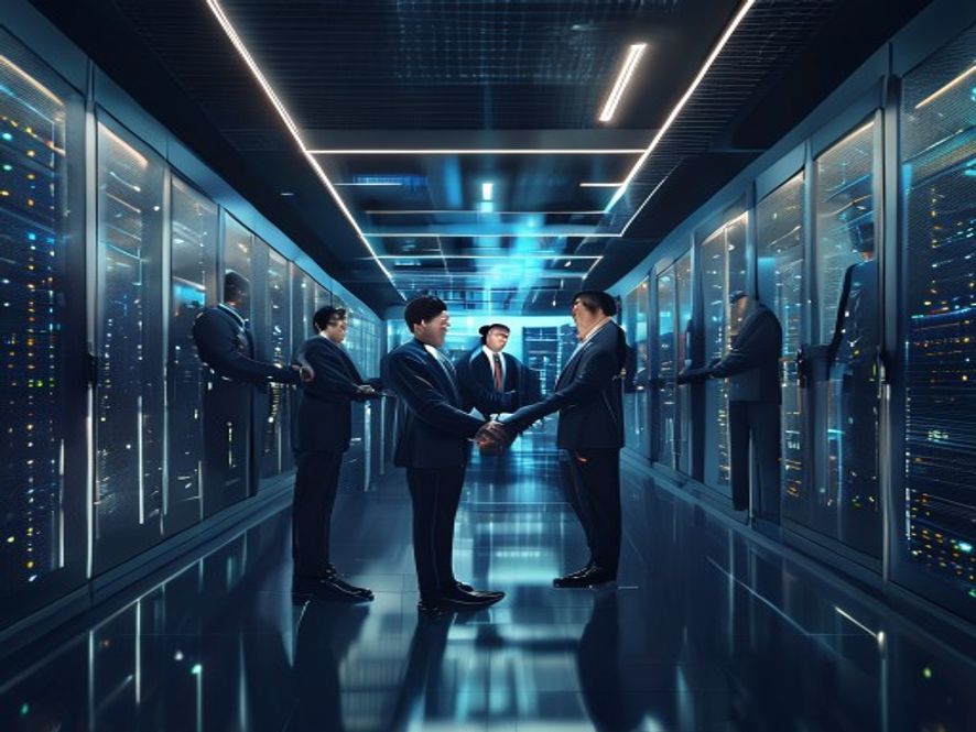 Cinematic, photorealistic 8k image of Korean business leaders in sharp suits shaking hands with Jensen Huang at the sleek, futuristic NVIDIA headquarters, surrounded by advanced AI server racks and glowing holographic data visualization, symbolizing a powerful technological alliance, professional atmosphere, highend corporate aesthetic.