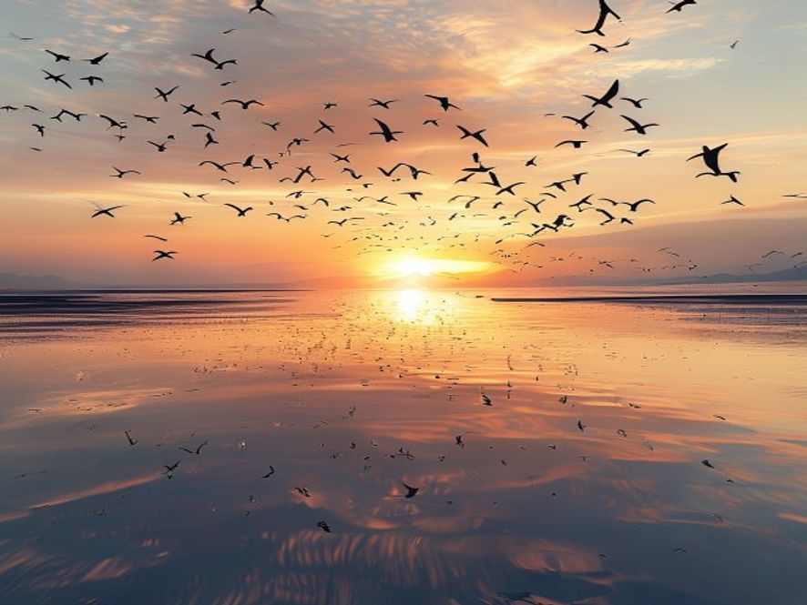 A cinematic, photorealistic 8k wideangle shot of the vast, glistening Korean tidal flats at sunset, reflecting the golden sky with migratory birds soaring above, capturing the serene and ecological majesty of a UNESCO World Heritage site.