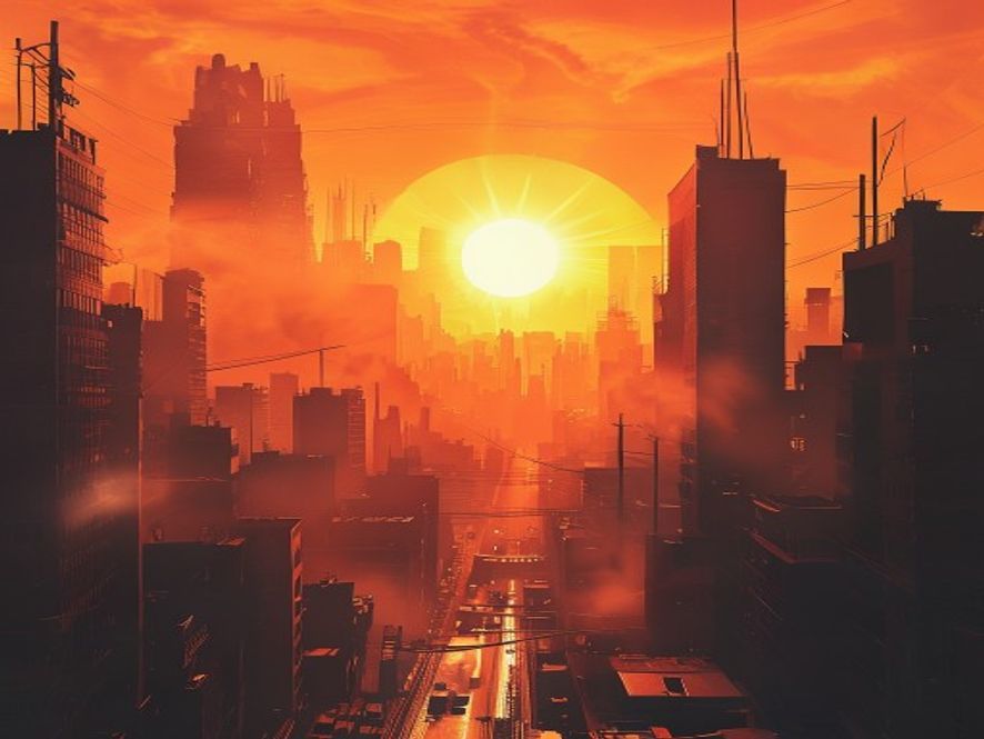 A cinematic and photorealistic 8k image showing a sweltering, distorted urban landscape under a scorching sun with shimmering heat haze, emphasizing the extreme danger of a 39degree heatwave, high contrast lighting, oppressive and urgent atmosphere.