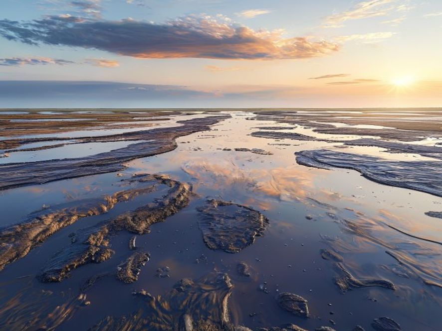 A breathtaking cinematic wideangle shot of South Koreas expansive tidal flats at golden hour, capturing the intricate textures of the wet, reflective mudflats and vibrant coastal biodiversity, symbolizing a pristine natural heritage and a sustainable blue carbon future, photorealistic, 8k resolution, ethereal and majestic atmosphere.