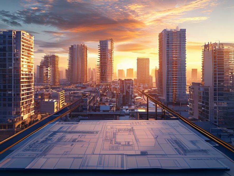 A cinematic and photorealistic 8k image of a vast, modern 3rdgeneration new city construction site at sunset, featuring a blend of halffinished apartment highrises and intricate urban planning blueprints laid out on a table, symbolizing the tension between rapid development and the complex reality of infrastructure challenges, captured with dramatic lighting and detailed architectural textures.