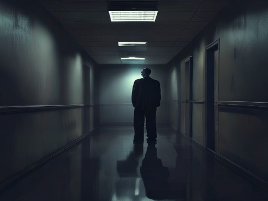 A cinematic, photorealistic 8k image of a tense, dimly lit political office hallway featuring a solitary, weary politician standing in the shadows, symbolizing internal party conflict and the heavy weight of accountability, with a professional and somber atmosphere.