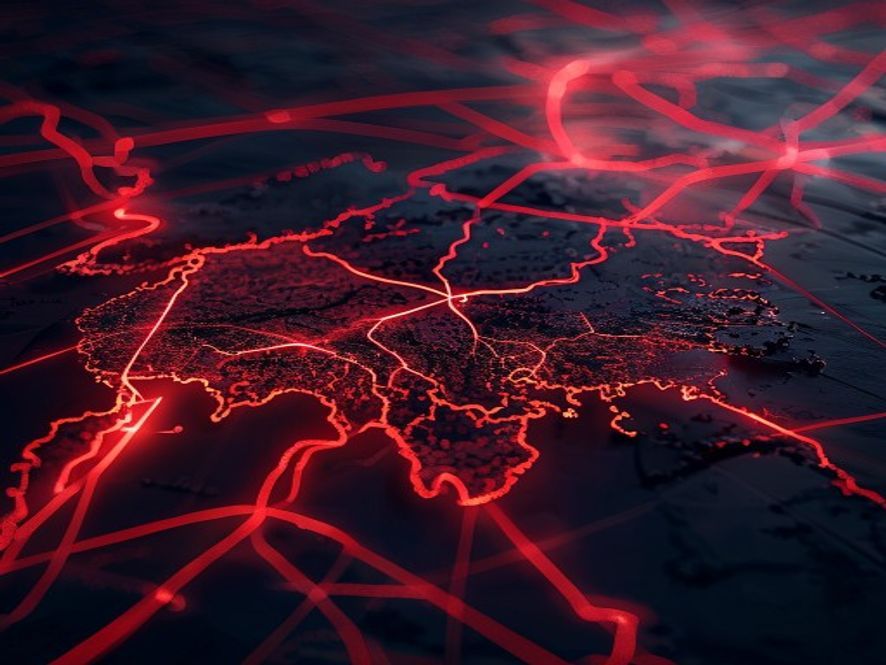 A dramatic cinematic shot of a dark, stylized map showing Russia, North Korea, and Iran interconnected by glowing red tactical lines, symbolizing a global military alliance and rising geopolitical tension, photorealistic, 8k, high contrast.