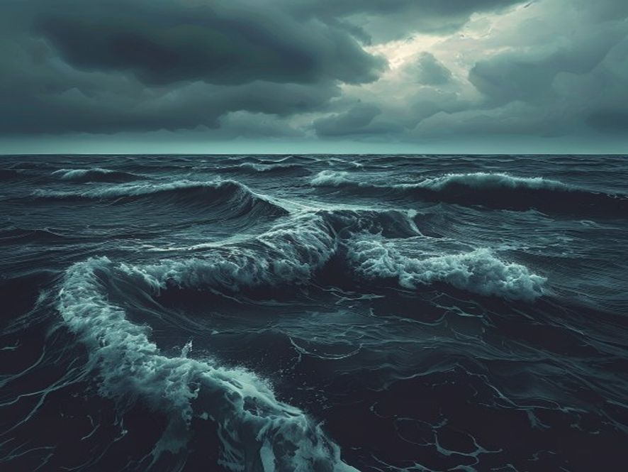 A cinematic and photorealistic 8k image capturing the dramatic tension of the East Sea, featuring a turbulent ocean with hidden riptides under a somber, emotional sky, symbolizing the tragic sacrifice of rescuers and the urgent warning of unpredictable maritime danger.