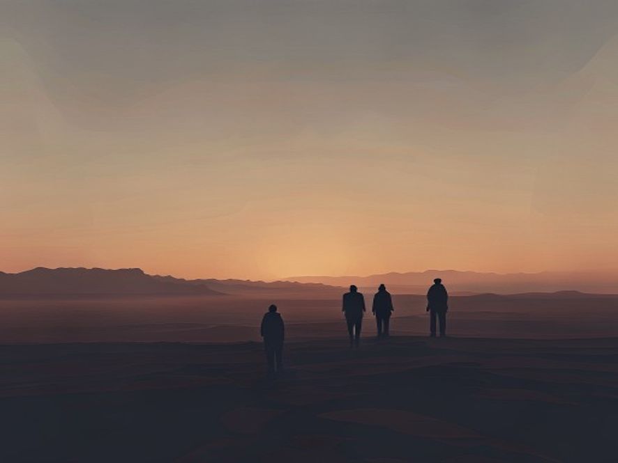 A cinematic and photorealistic 8k image showing a vast, hazy Middle Eastern desert landscape at twilight, with two distant, abstract silhouettes representing opposing forces standing on opposite horizons, symbolizing a tense yet fragile moment of strategic pause, dramatic atmosphere, high contrast.