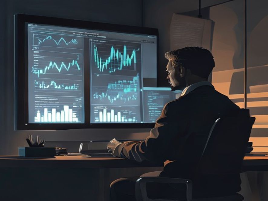 A cinematic, photorealistic 8k image featuring a focused investor sitting at a desk and looking at glowing financial charts and dividend graphs on a screen, with a subtle, looming shadow of a heavy medical bill document symbolizing the hidden burden of health insurance premiums, professional mood, soft dramatic lighting.