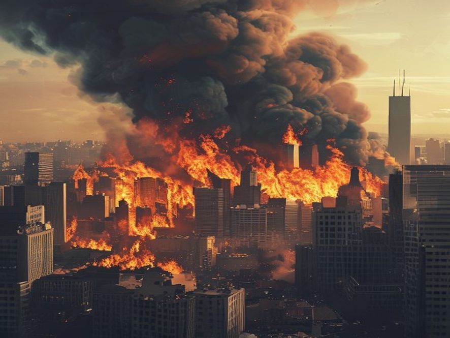 A cinematic and photorealistic 8k image showing a massive wildfire engulfing the outskirts of a modern European city, with thick dark smoke billowing over urban skyscrapers and a desperate evacuation scene, capturing the intense and catastrophic atmosphere of a climate disaster.