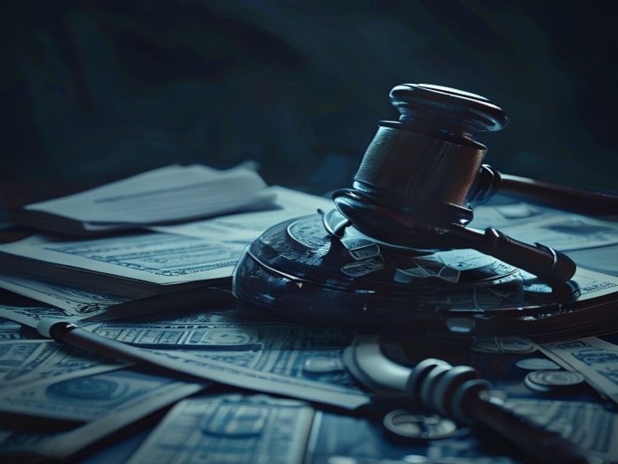 A cinematic and photorealistic 8k image featuring a lonely, heavy gavel resting on a stack of legal documents and scattered currency representing a massive financial burden, set against a dark, dramatic atmosphere with deep shadows and a cold blue professional lighting to emphasize the gravity of a political shift, high detail, masterpiece.