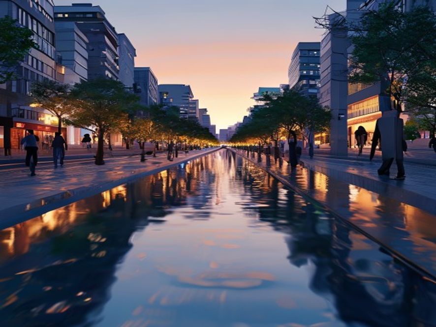 Cinematic, photorealistic 8k wideangle shot of the Cheonggyecheon stream in the heart of Seoul at dusk, contrasting the serene beauty of the urban public waterway with blurred figures representing public disorder, capturing a poignant atmosphere of social responsibility and civic consciousness.