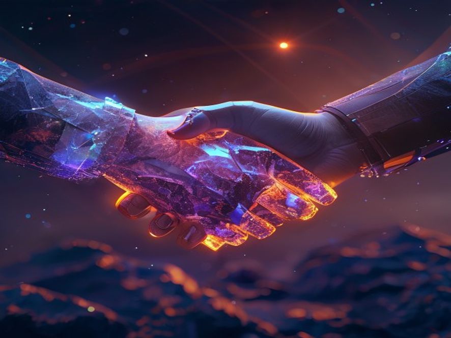 A cinematic and photorealistic 8k image featuring a futuristic handshake between a stylized South Korean satellite in orbit and glowing mineral crystals from the Brazilian landscape, symbolizing a strategic technological alliance, with a professional and global atmosphere.
