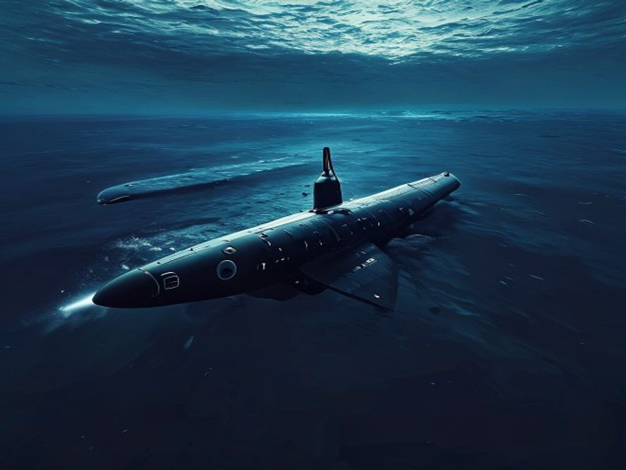 A cinematic and photorealistic 8k image featuring a sleek, advanced nuclearpowered submarine silently gliding through deep, dark blue ocean waters, captured from a lowangle perspective to emphasize its imposing scale and sophisticated engineering, with a subtle glow representing its cuttingedge propulsion technology, set against the backdrop of a vast, mysterious maritime environment.