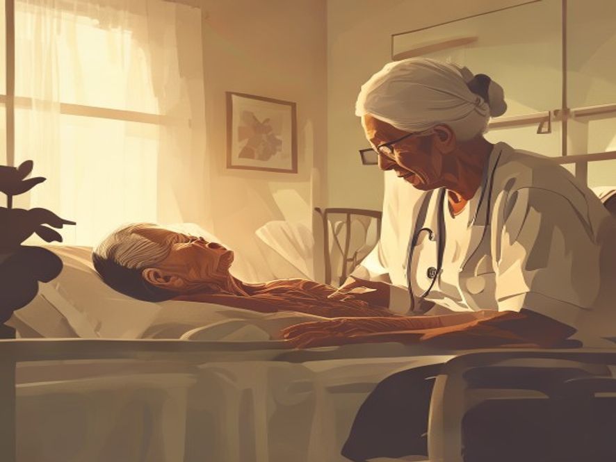 A cinematic, photorealistic 8k portrait of an elderly patient in a serene nursing home room, resting peacefully with a look of dignity as a compassionate caregiver gently provides care, emphasizing the shift toward patientcentered human rights and emotional wellbeing, warm soft lighting, high detail.