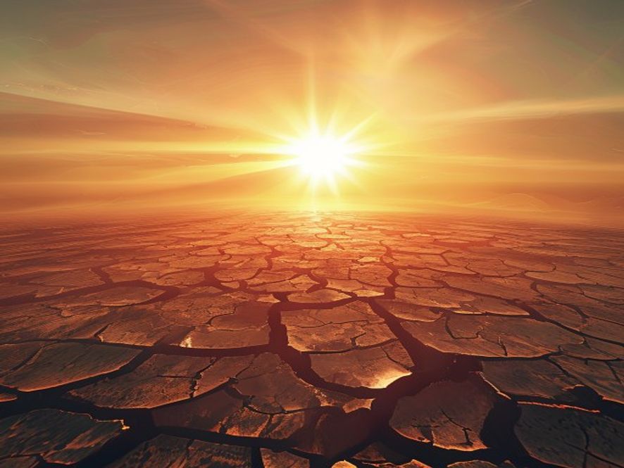 Cinematic, photorealistic 8k image of a scorched, cracked earth landscape under a blindingly hot summer sun, representing the intensity of the climate crisis, with a heat haze shimmer distorting the horizon, dramatic lighting, high detail.