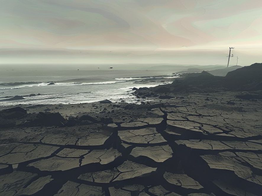 A cinematic, photorealistic 8k image of the cracked, desolate landscape of Kumamoto after a powerful earthquake, capturing a tense and somber atmosphere with distant coastal waves under a hazy sky, emphasizing the geological instability of the Ring of Fire.