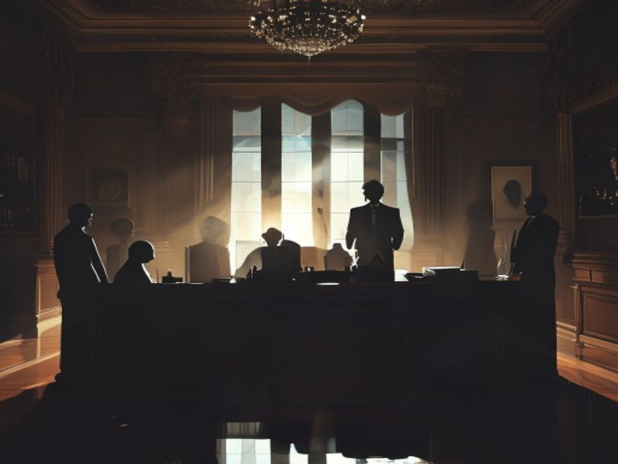 A cinematic, photorealistic 8k image of shadowy, interconnected silhouettes standing behind a dimly lit, grand presidential office desk, symbolizing the weight of behindthescenes political influence and the intersection of longstanding personal ties and public governance, moody atmospheric lighting with sharp details.