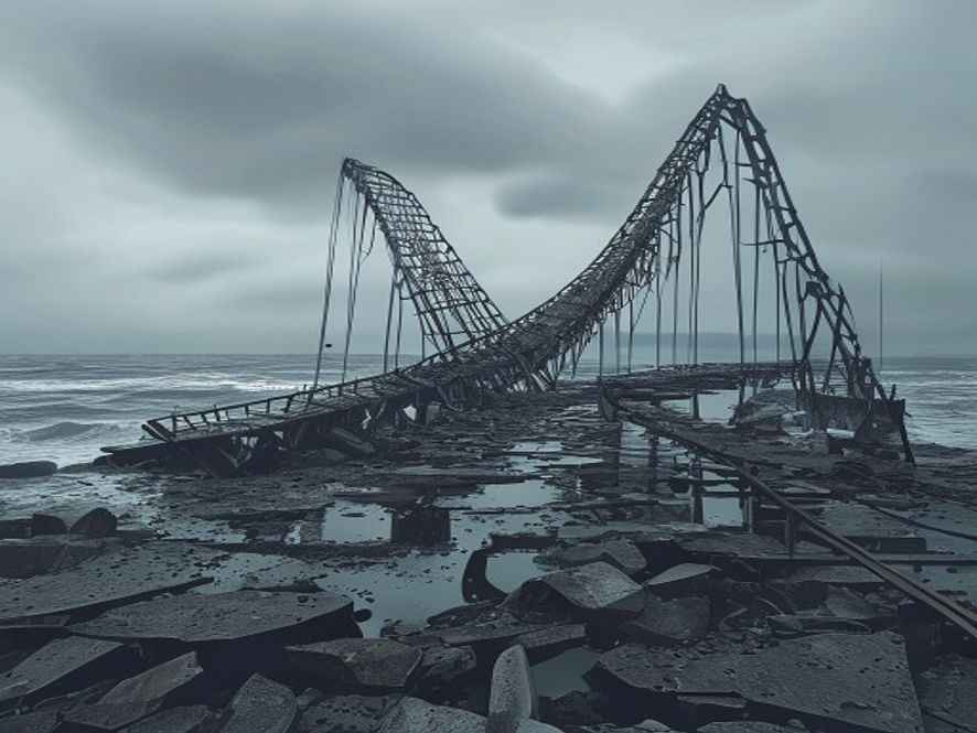A cinematic, photorealistic 8k image of a collapsed coastal pedestrian bridge with twisted metal and broken concrete structure, reflecting a somber and cautionary atmosphere of public safety failure, set against a gloomy Pohang seascape under an overcast sky.