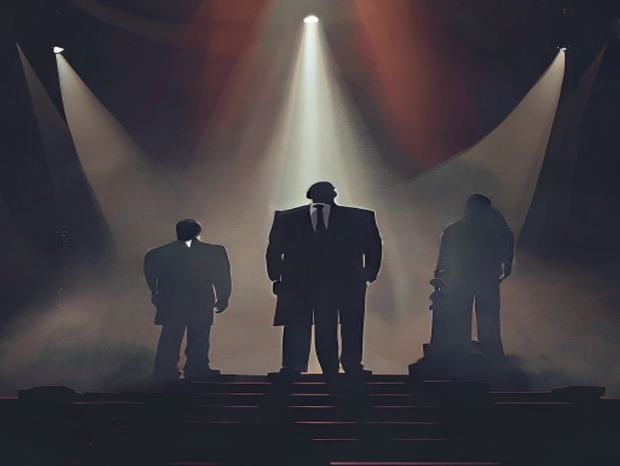 A cinematic and photorealistic 8k image of three shadowy political silhouettes standing on a grand, misty stage representing a complex power struggle, with dramatic lighting highlighting the uncertainty and intensity of a neckandneck presidential race.