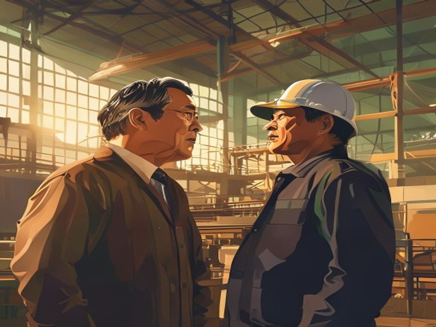 A cinematic, photorealistic 8k image featuring a South Korean political leader standing alongside Brazilian industrial workers in a historic factory setting, capturing a moment of mutual respect and global economic partnership, with a warm, professional atmosphere conveying diplomatic solidarity and industrial progress.
