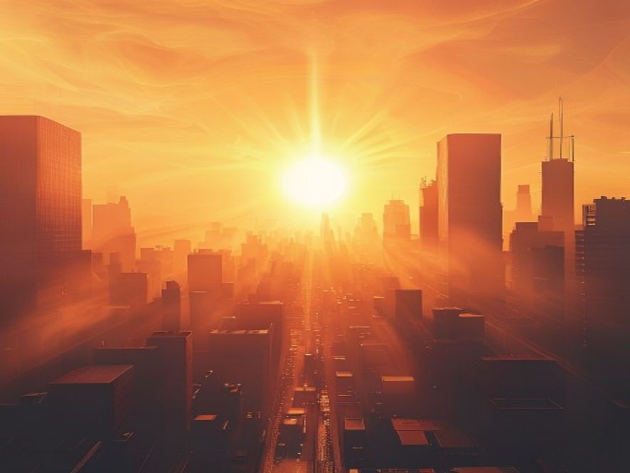 A photorealistic, cinematic 8k image showing a shimmering, heatdistorted urban landscape under a scorching sun with intense hazy air, conveying the severity of a recordbreaking heatwave and environmental crisis.