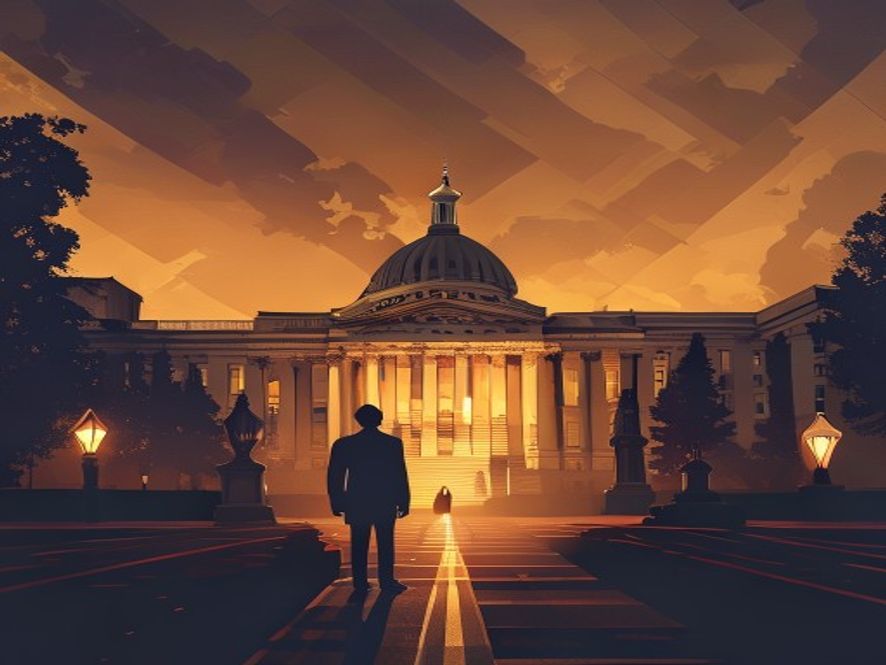A cinematic and photorealistic 8k image featuring a silhouette of a solitary figure standing at a crossroads in front of a majestic, neoclassical government building at dusk, symbolizing the highstakes political tension and strategic decisionmaking regarding constitutional amendment and presidential succession, with a dramatic play of shadows and golden lighting.