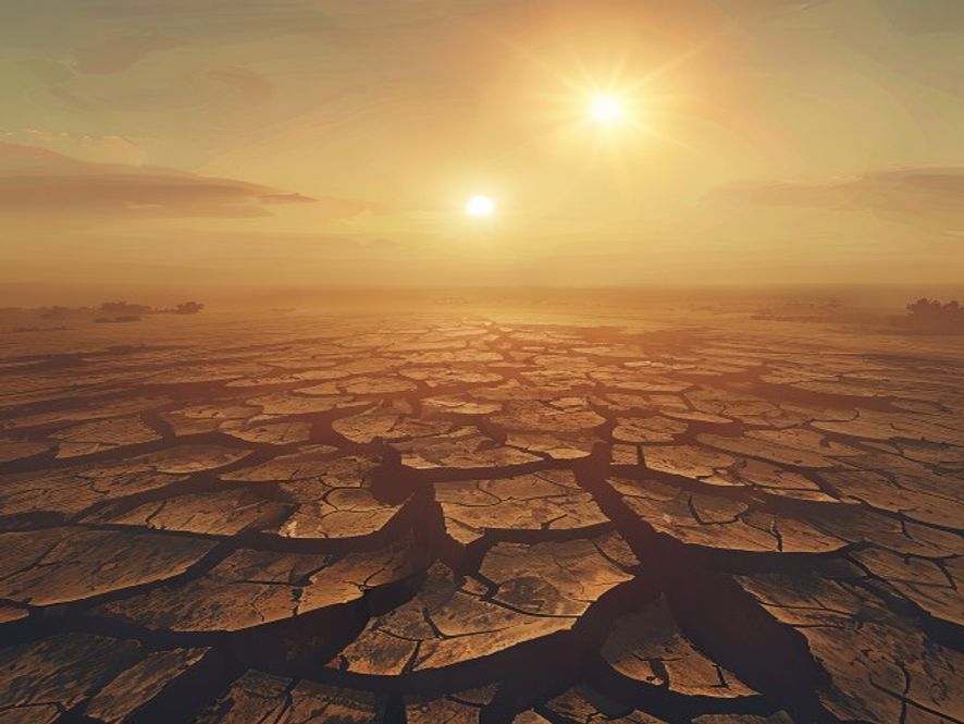 A cinematic, photorealistic 8k image depicting a scorched, cracked earth landscape in a rural southern region under a sweltering, hazy sun, symbolizing the crisis of complex climate disasters and extreme drought, with a heavy and urgent atmosphere.