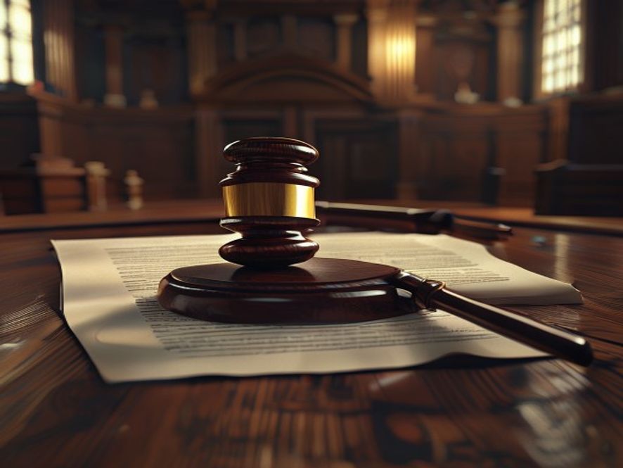 A cinematic, photorealistic 8k image featuring a symbolic wooden gavel resting on a heavy legal document inside a dimly lit, somber courtroom, capturing an atmosphere of serious judicial tension and political scrutiny.