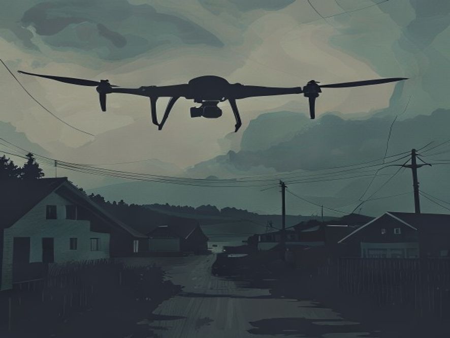 A cinematic and photorealistic 8k image showing a silhouette of a mysterious drone hovering in the vast, tense sky over a quiet, rural town near Cheorwon, capturing a mood of unsettling security anxiety and heightened alertness, with dramatic lighting and a somber atmosphere.