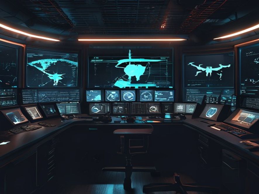 A cinematic, photorealistic 8k image featuring a tense, hightech military command center dimly lit with glowing screens showing radar signals and drone silhouettes, capturing the critical atmosphere of a misidentified threat and the urgent need for systemic communication.