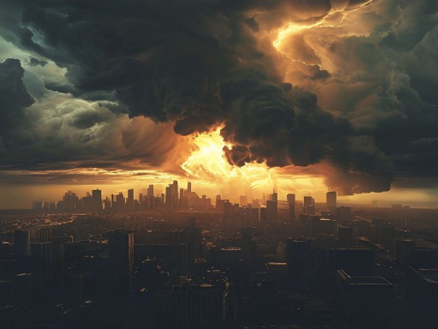 A cinematic and photorealistic 8k image showing a dramatic summer landscape where a scorching, sundrenched city skyline at 38 degrees heat meets the looming, turbulent dark clouds of an approaching typhoon, capturing the tense and ominous atmosphere of extreme weather collision.